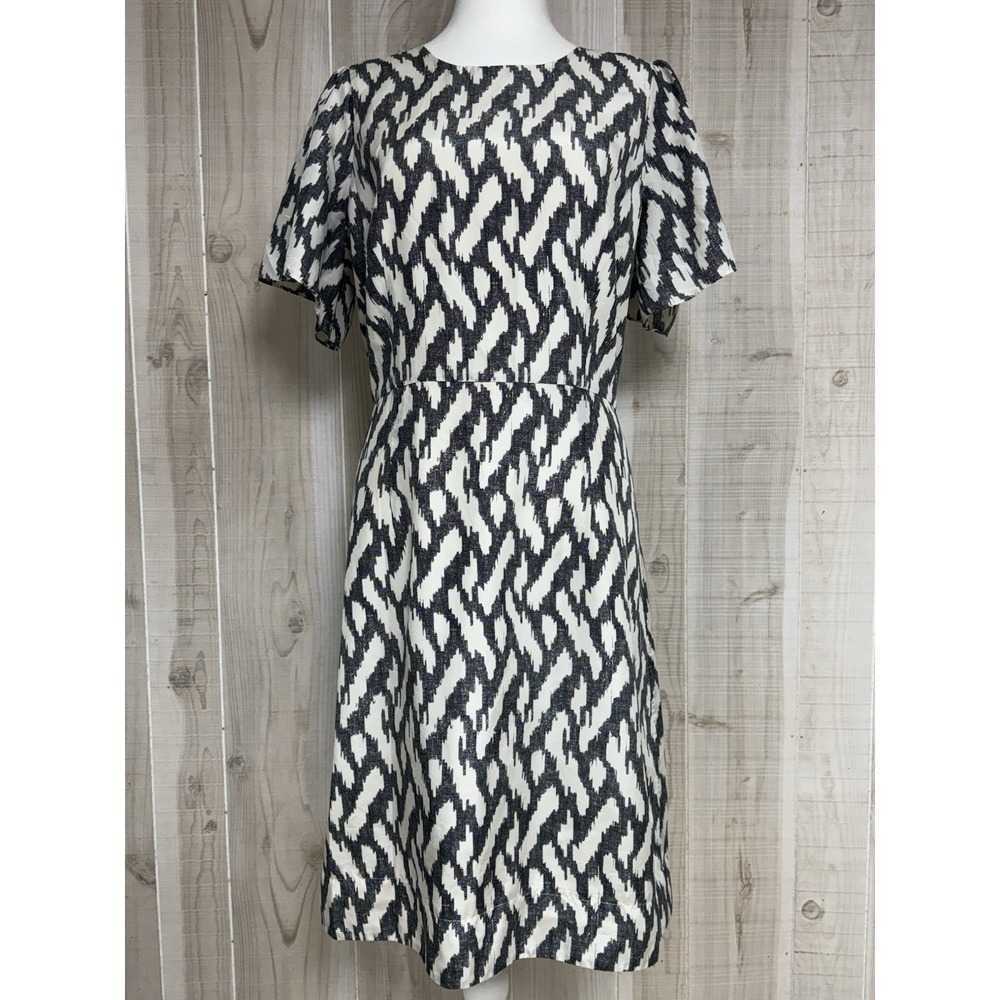J Crew Women's Black Ivory Silk Ikat Flutter Sleeve Career Dress 12T Classic